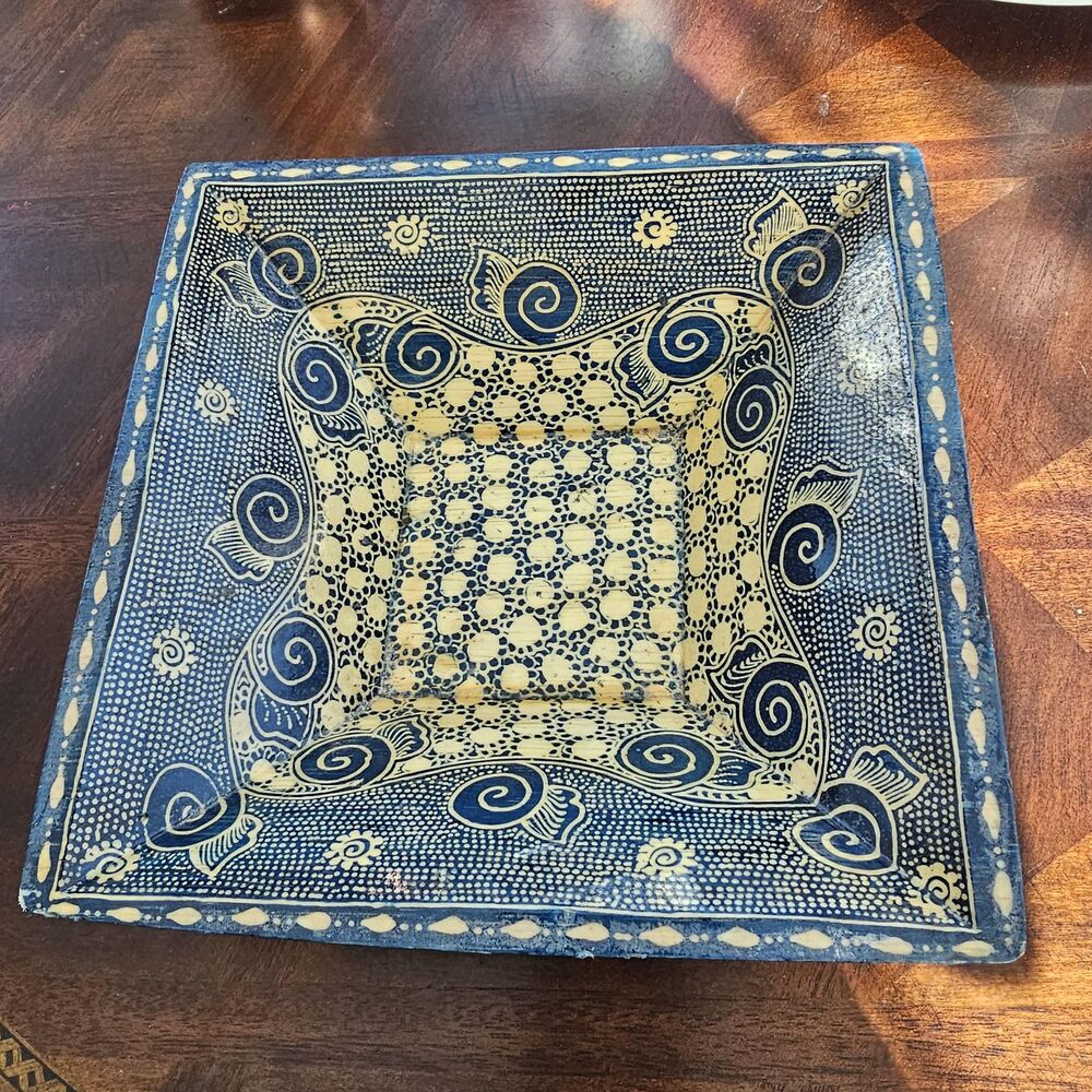 Vintage Hand Painted Indigo Wood Bowl • Square 8" Batik Style Folk Art Dish